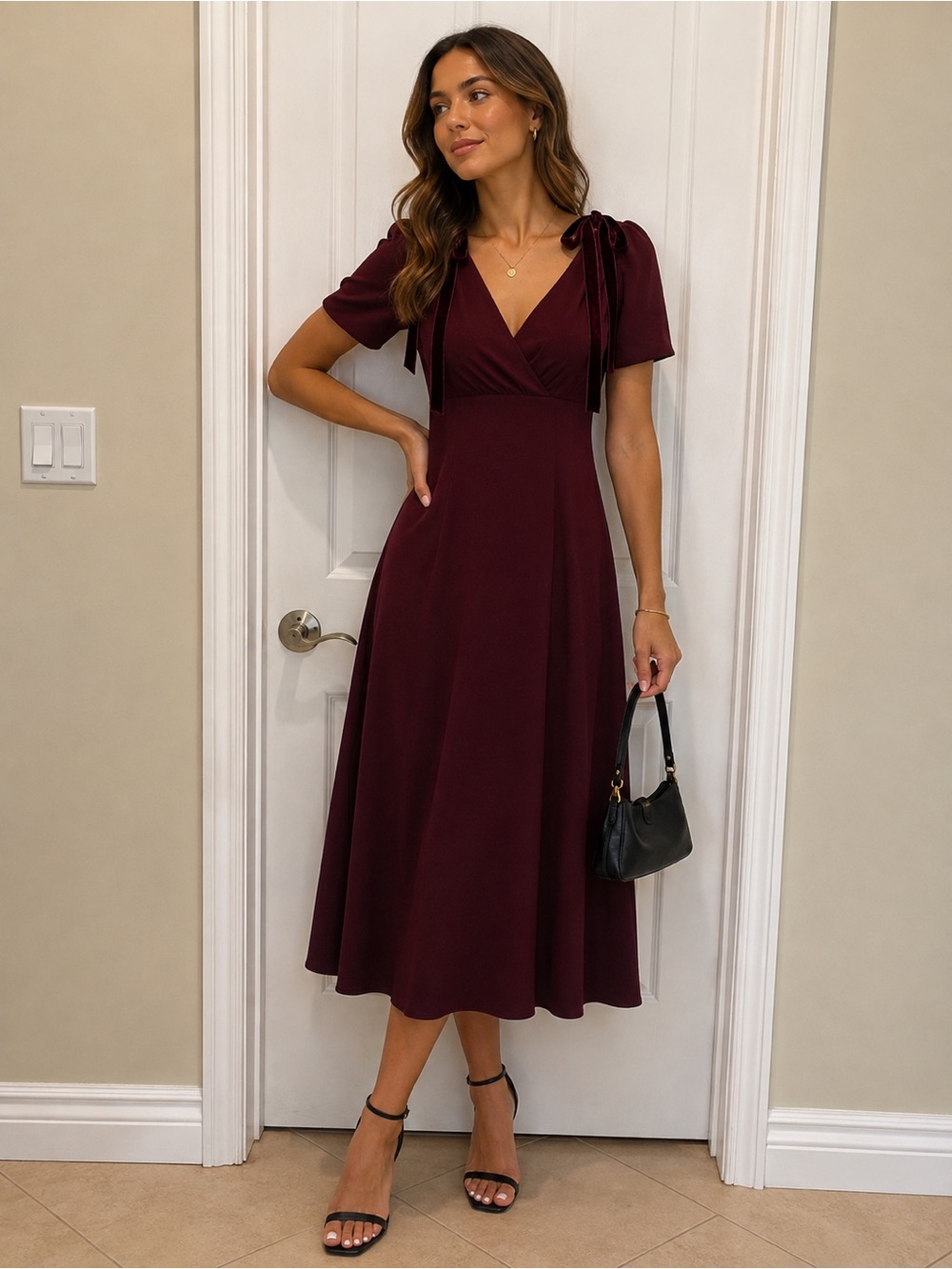 New ASTR The Label Burgundy Midi Dress Velvet Bow Puff Sleeve Wedding Guest